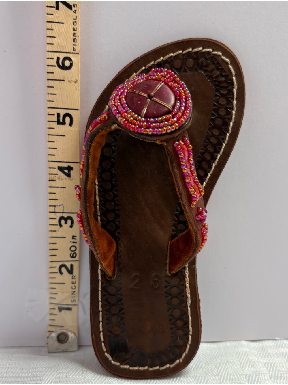 Adorable Bohemian Little Girls Brown Leather Beaded Toe-Post Sandals Boho Hippie - Picture 5 of 14